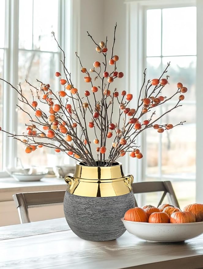 Rustic Ceramic Vase with Gold Rim and Ears – 9" Decorative Flower Vases for Living Room, Dining Table Centerpiece & Shelf Décor – Modern Farmhouse, Boho & Contemporary Home Accents