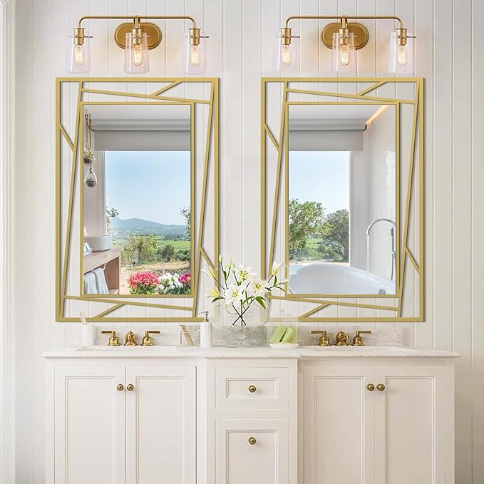 Brushed Gold Bathroom Mirror, 36''X24'' Rectangular Wall Mirrors with Geometric Metal Frame for Bathroom Bedroom Living Room, Hang Horizontally or Vertically