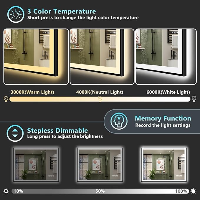 40x36 Black Framed LED Bathroom Mirror with Lights, Backlit + Front Lit, Anti-Fog Lighted Vanity Mirror for Bathroom Wall with 3 Colors, Dimmable, Memory, Tempered Glass, Horizontal/Vertical