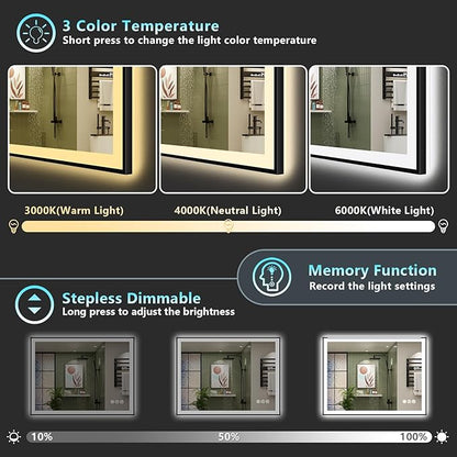 40x36 Black Framed LED Bathroom Mirror with Lights, Backlit + Front Lit, Anti-Fog Lighted Vanity Mirror for Bathroom Wall with 3 Colors, Dimmable, Memory, Tempered Glass, Horizontal/Vertical