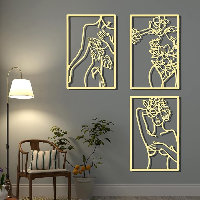 CHENGU 3 Pieces Gold Wall Decor Minimalist Wall Art Metal Line Wall Art Wall Decor for Bedroom Single Line Female for Kitchen Bathroom Living Room(Simple Style)