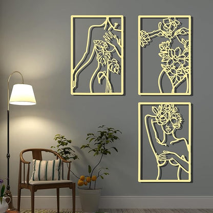 CHENGU 3 Pieces Gold Wall Decor Minimalist Wall Art Metal Line Wall Art Wall Decor for Bedroom Single Line Female for Kitchen Bathroom Living Room(Simple Style)