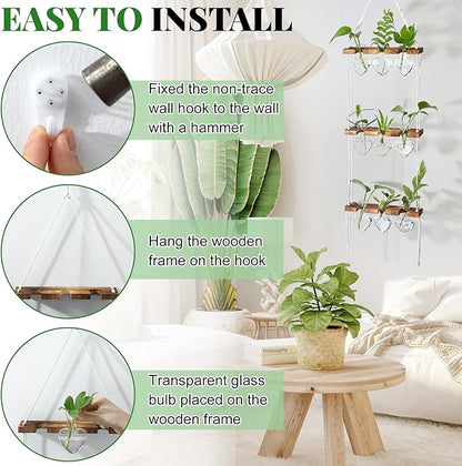 Leinuosen Wall Hanging Plant Propagation Stations 3 Tiered Planter Terrarium with Wooden Stand Home Decor Valentines Gifts for Her Hydroponics Plant Lovers - 9 Glass Vases(Heart Shaped,Clear)