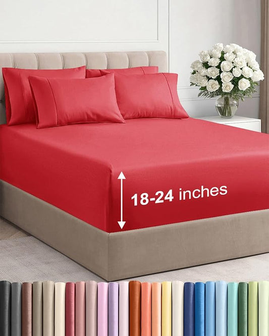 Extra Deep King Sheet Set - 6 Piece Breathable and Cooling Sheets - Hotel Luxury Bed Sheets Set - Easy & Secure Fit - Soft, Wrinkle Free and Comfy Sheets Set - Red Sheet Set with Extra Deep Pockets