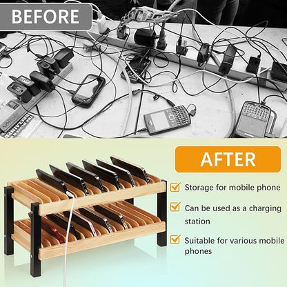 Echaprey 30-Grid Wooden Cell Phone Holder Desktop Multiple Classroom Phone Storage Organizer Rack Box Caddy for Office School Classroom with 1-30 Number Stickers