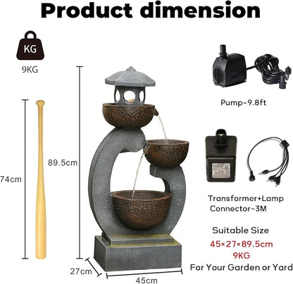 35.24”H Zen Outdoor Water Fountain Garden, Japanese Lantern Multi-Tier Waterfall Fountain Water Feature with Lights for Patio, Garden & Porch