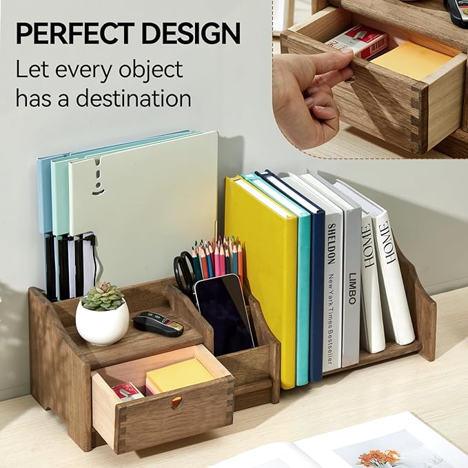 KIRIGEN Desktop Adjustable Organizer Storage Book Shelf with Drawer Wooden Desk Bookcase Workplace Storage Station Expandable Book Rack Fully Assembled SSSJ-S-DBR