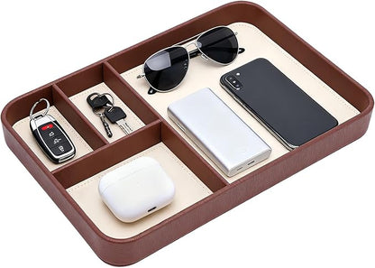 Leather Valet Tray, Stylish and Organized Multifunctional Tray, Nightstand & Desk Organizer, EDC Catchall for Keys Watch Jewelry Bedside Table Organizer