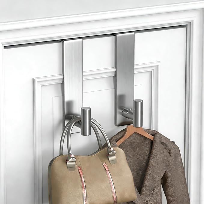 PMMASTO 2-Pack Over The Door Hooks - Rustproof Stainless Steel Door Hangers for 1-3/4 Inch Doors, Non-Marking and Tool-Free Easy Install (Silver, T Shape-Fits 1-3/4" Thick Door)