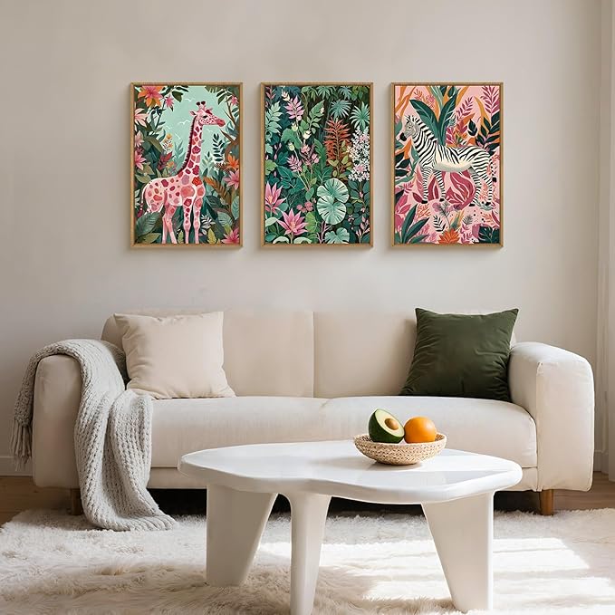 Large Jungle Giraffe and Zebra Framed Canvas Wall Art,Modern Safari Wild Animal Wall Decor,Tropical Nature Wildlife Artwork,Boho Botanical Art Print for Living Room,Bedroom,Office-16 x24 x3