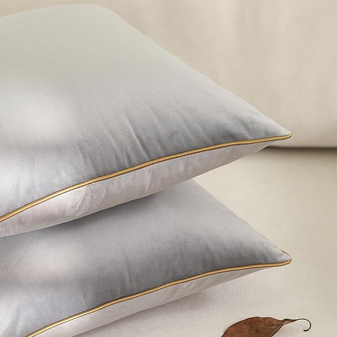 Aeckself Pack of 2 Luxury Velvet Gray Lumbar Pillow Covers 12 x 20 Inch, Modern Decorative Pillowcase with Gold Trim Edge, Comfortable Soft Solid Cushion Case for Couch Bedroom Living Room