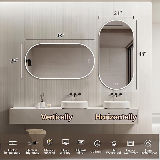 Niccy Oval LED Bathroom Vanity Mirror, 48"x24" Front lit Mirror with Light, Smart Anti-Fog Waterproof Mirror with Memory Function Dimmable Lighted Mirror