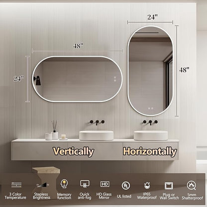 Niccy Oval LED Bathroom Vanity Mirror, 48"x24" Front lit Mirror with Light, Smart Anti-Fog Waterproof Mirror with Memory Function Dimmable Lighted Mirror