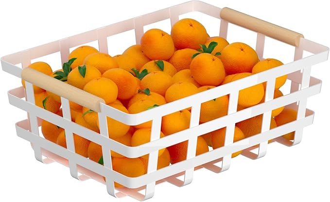 Large Farmhouse Baskets Pantry Basket Storage Organizer Fruit Bin with Wood Handles for Pantry Cabinets Rustic Kitchen Counter Closet- White Upgraded