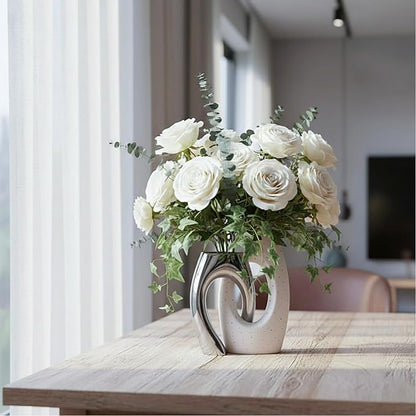 Ceramic Vase Set of 2 by DecoVlog, White and Silver Hollow Living Room Decor Vase, Minimalist Decorative Modern Boho Vase for Table Centerpiece Wedding Dining Living Room Office House Decoration
