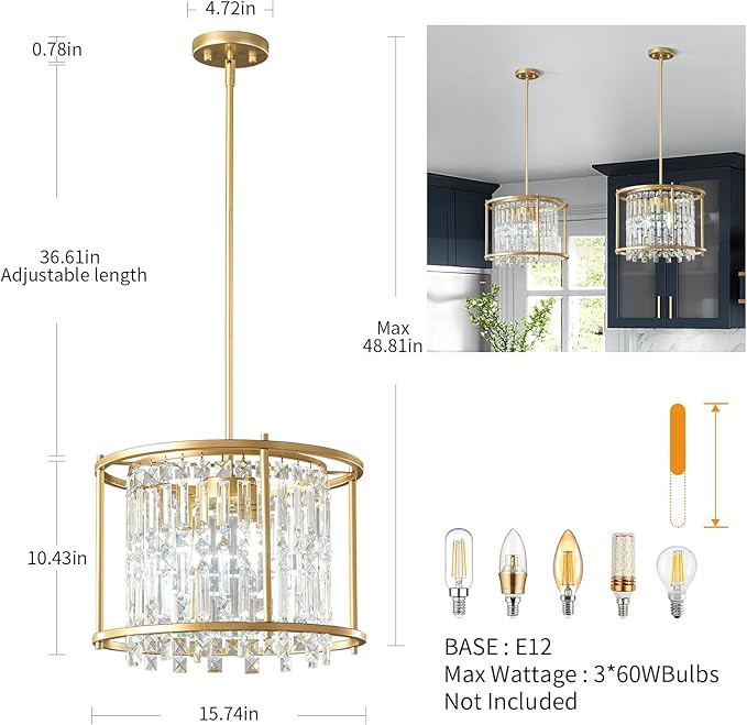 LMQNINE Modern Foyer Chandelier, Gold Crystal Chandelier Entryway Pendant Light Fixture, Round Adjustable Height Chandeliers for Kitchen Island, L15.74'' x H10.43''