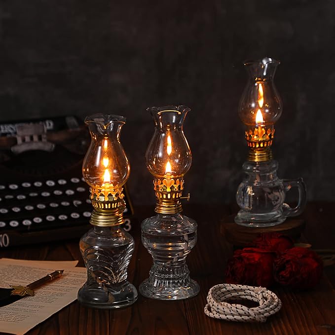 Yexiya 12 Set Vintage Glass Kerosene Lamp Rustic Oil Lamp Lantern Chamber Oil Clear Kerosene Hurricane with 6.6 ft Extra Wick for Indoor Use Lighting Decor Emergency (Retro Style)