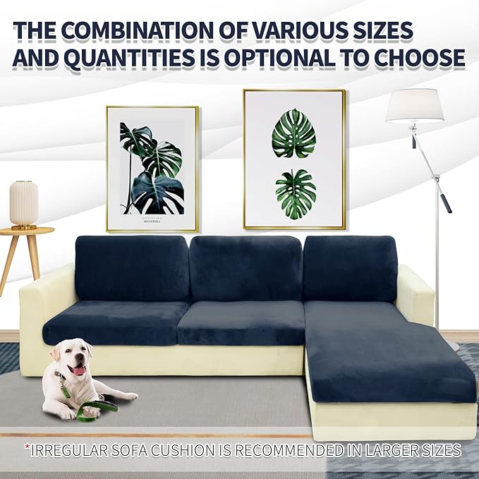 MAXIJIN 1 Piece Velvet Chaise Cover Stretch Sectional Couch Covers for L Shaped Sofa Fitted Soft Chaise Lounge Cushion Cover Sofa Slipcover with Elastic Bottom (Chaise Cover, Navy Blue)