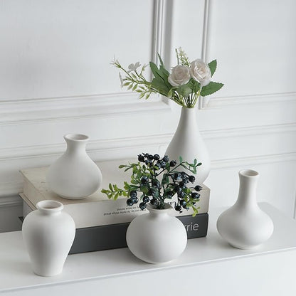 Tanvecle Small White Vases, Ceramic Bud Vase Set of 5, Mini Pottery Vases for Pampas Grass, Flowers, Decorative Vases for Home Modern Decor, Rustic Decor, Veses for Living Room Dining Table Shelves