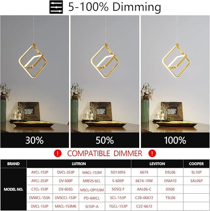 Modern LED Chandelier Gold Rectangular Pendant Light Fixtures 4000K 20W Dimmable Height Adjustable Pendant Lighting for Dining Room Kitchen Island Bedroom Living Room Foyer（1-Pack）