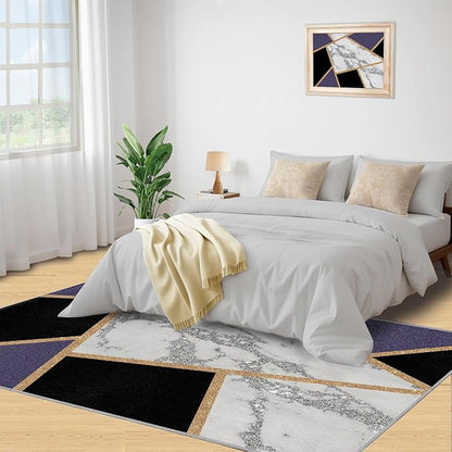 Black Gold Marble Area Rugs Geometric Marble Area Rug Modern Minimalist Carpet Irregular Geometric Patchwork Carpet Low Pile Non-Slip Rug for Living Room 6x9ft