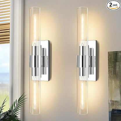 Wall Sconces Set of 2, 22.8" Chrome Bathroom Sconces, Indoor Sconces Lighting with Glass, Nickel Vanity Lights with Tube, Dimmable Bedroom Bedside Wall Light for Dressing Table Staircase