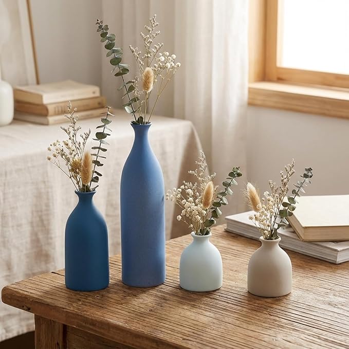 Dandat Ceramic Vase Set of 4, Modern Decorative Ceramic Vases Rustic Pottery Centerpiece Table Decor for Farmhouse Bouquet Pampas Grass Dried Fresh Flowers, Living Room, Kitchen, Bedroom(Blue)