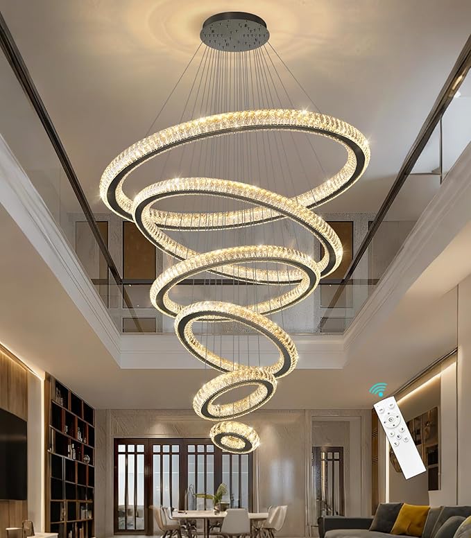 Modern Chandelier 8"+16"+24"+32"+40"+47" 6 Rings Crystal LED Dimmable Lighting Foyer Entryway High Ceiling Living Room Chanderliers Pendant Lights Fixtures Black Light