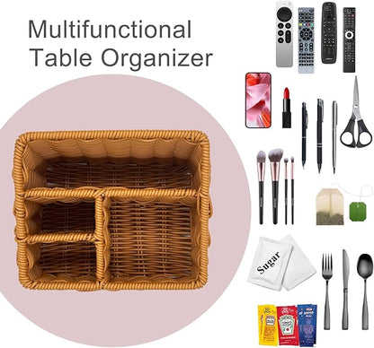 Rattan Remote Control Holder, Wicker Desk Organizer Basket for TV Remotes, Office Supplies, Makeup Brushes, Handwoven Storage Caddy for Tabletop, Shelf, or Kitchen Use (Golden Oak)