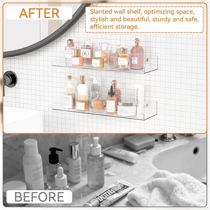 Yieach 6 Pack 15" Acrylic Shelves for Wall,Bathroom,Bedroom - with Adhesive - No Drilling Clear Floating Shelves for Funko Pop,Lego,Action Figures,Nail Polish,Perfume Shelf and Wall Storage & Display