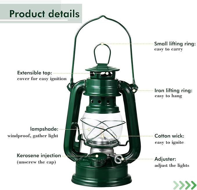 Honoson 4 Pieces Oil Lamp Hurricane Lamp Kerosene Lantern for Indoor Outdoors Decorative Hanging Oil Lantern with Wick for Hiking Emergency Camping Party Decoration(Green,8 Inch)