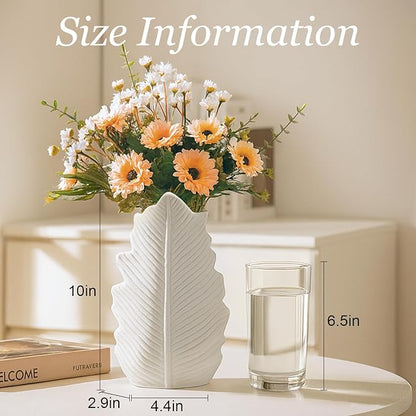 White Matte Ceramic Leaf-Shaped Vase – BEAHOT Modern Minimalist Decorative Flower Vase with Embossed Leaf Texture for Table Centerpiece, Home & Office Decor