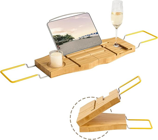 Bamboo Bathtub Tray Expandable Bathroom Tray for Home Spa Relaxation, Wooden Tray Caddy for Bathtub, Bamboo Bathtub Caddy as Unique Housewarming, Birthday, Wedding Shower Gifts.