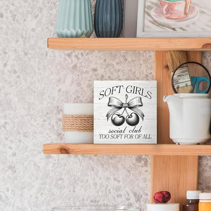Coquette Cherry Bow Girl Wood Box Sign Desk Decor, Cute Trendy Pink Decor, Coquette Party Wooden Block Sign Decorations for Home College Dorm Apartment Girl Room Wall Tabletop Shelf Decor