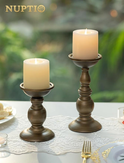 Bronze 2 Pcs Iron Pillar Candle Holders, Most Ideal for 3" Pillar Candles, Gifts for Wedding, Party, Home, Spa, Reiki, Votive Candle (S + L)