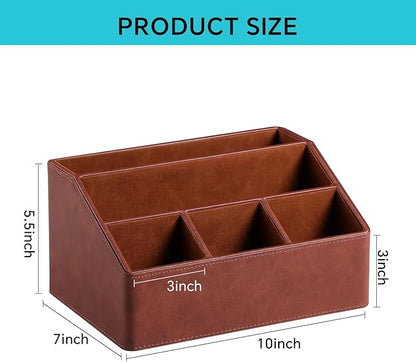 Remote Control Holder with 5 Compartments for Office Art Supplies, PU Leather Nightstand Organizer Pencil Pen Desk Caddy for Home, Desktop TV Remote Control Organizer Storage (Brown)