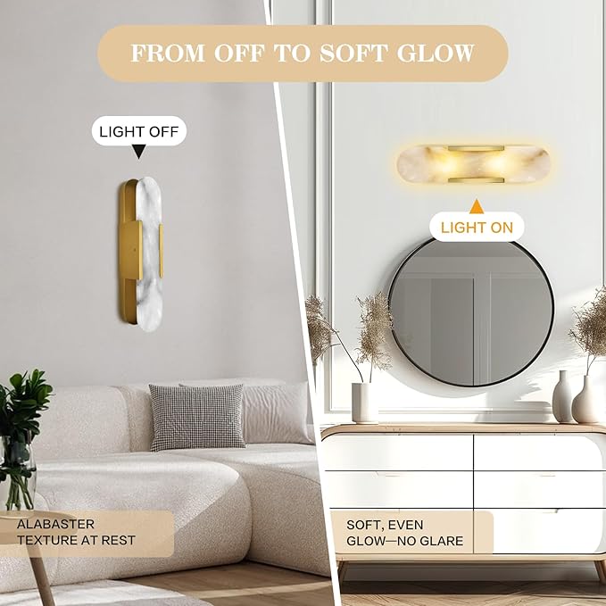 Set of 2, 19.7" Brass Alabaster Wall Sconces, Hardwired Indoor Lights, Natural Alabaster Stone Shade, Modern Oval Vanity Lighting for Bedroom, Bathroom, Hallway, Stairs