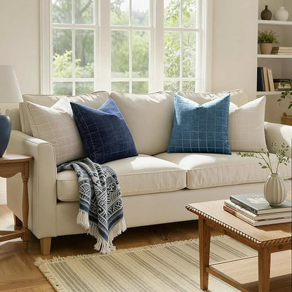 MIULEE Decorative Chenille Check Throw Pillow Covers Vintage Plaid Couch Pillows 18x18 Inch Set of 2 Neutral Boho Farmhouse Cushion Covers Modern Spring Coastal Decor for Sofa Bed Living Room Blue