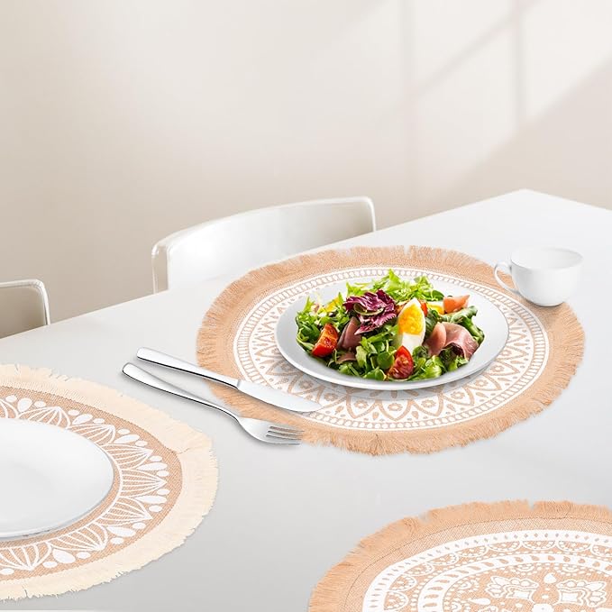 3pcs Round Tassel Placemats Set, Woven Jute Fabric Heat-Resistant Dining Table Mats, Boho Style Table Decor for Indoor Kitchen and Farmhouse Use