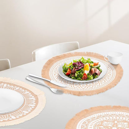 3pcs Round Tassel Placemats Set, Woven Jute Fabric Heat-Resistant Dining Table Mats, Boho Style Table Decor for Indoor Kitchen and Farmhouse Use