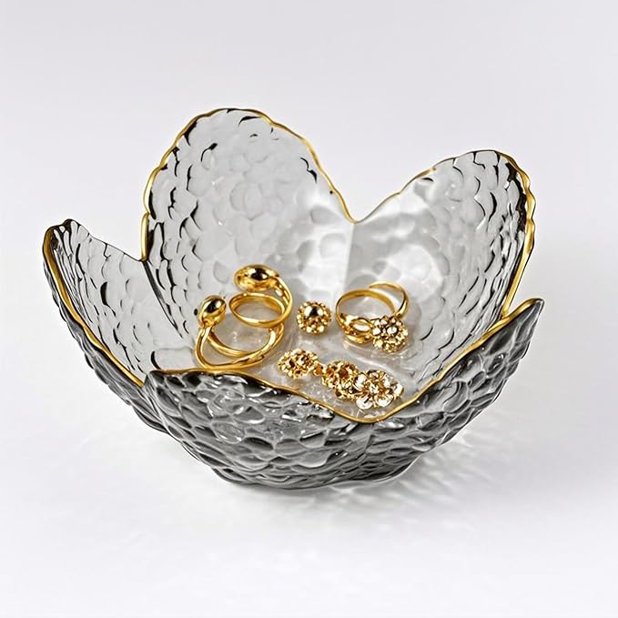 Glass Jewelry Dish Tray, Small Jewelry Tray Trinket Dish, Flower Ring Dish Engagement Gift, Crystal Ring Holder for Women, Bathroom Jewlery Plate Dish, Nightstand Jewelry Bowl for Earrings