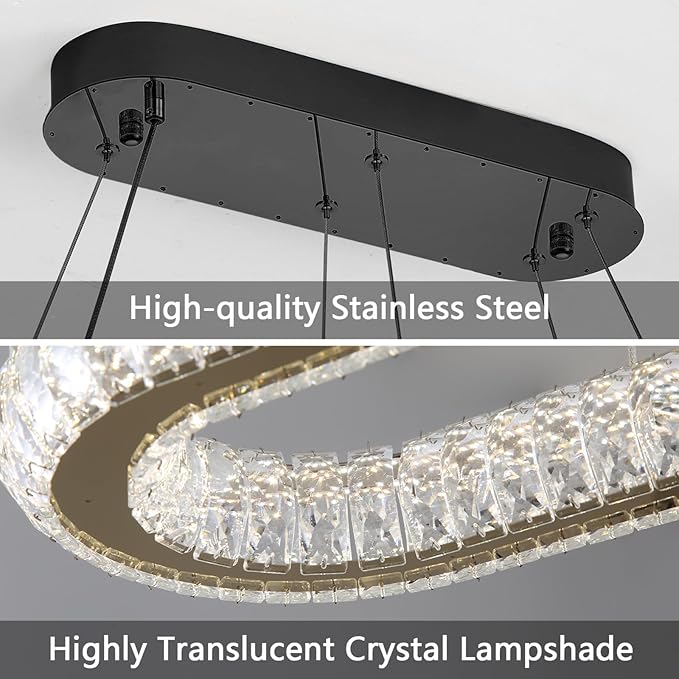 LED Oval Ring Chandelier Crystal Pendant Lighting for Dining Table Kitchen Island Remote Dimmable Hanging Light Chandeliers for Entryway Living Room Lights Black