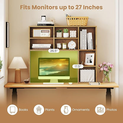 GOFLAME Desktop Bookshelf, 37” Desk Organizer Shelf with 7 Cubes & 3 Adjustable Shelves, 3-Tier Wood Countertop Display Rack, Multipurpose Tabletop Desk Hutch for Dorm, Home Office (Natural)