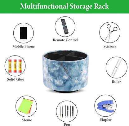 Round Leather Art Supply Organizer,Remote Control Holder,360-degree Rotating Pen Organizer with 4 Compartments(1-Marble Jade)