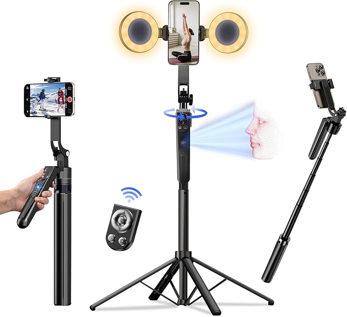 Auto Face Tracking Selfie Stick Tripod for iPhone with Light 70.9" Phone Camera Tripod Stand 360 Rotation Follows Your Movement with Remote for Content Creator Vlog Live Stream Video Record