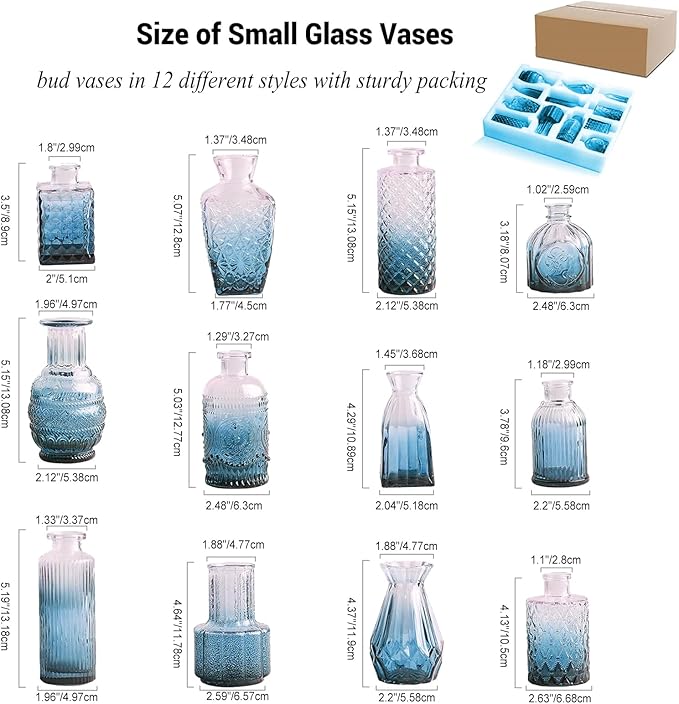 Glass Bud Vases Set of 12 Small Clear Blue Vases for Centerpieces Mini Glass Vases in Bulk Vintage Vases Assorted Tiny Flower Vase for Baby Shower Wedding Floral Arrangements Home Table Decorations
