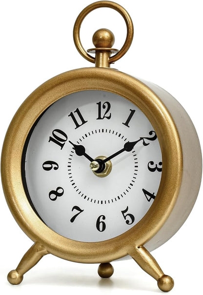 Small Gold Desk and Shelf Clock, 4.7*7.3 Inch Retro Elegant Tabletop Clock with Glass Cover, Silent Non-Ticking Battery Operated Decorative Clock for Living Room, Office, Bedroom, Gift Idea