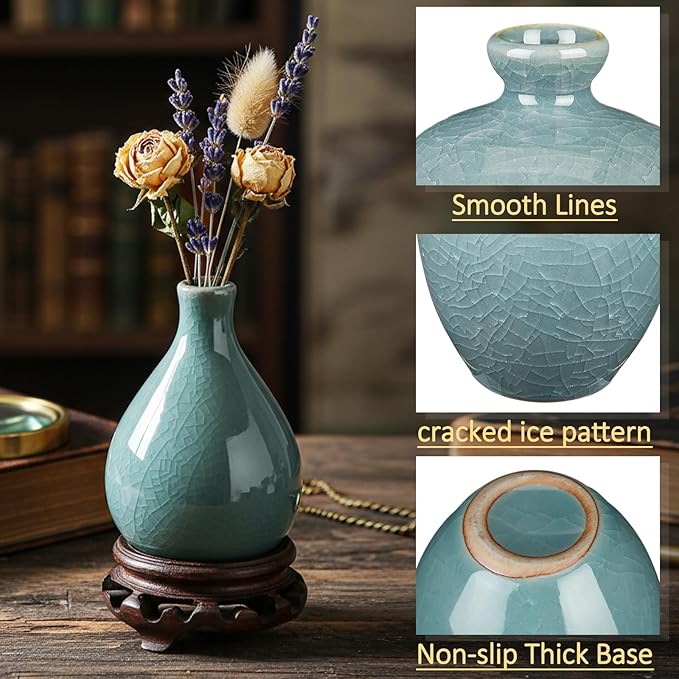 FoldTier 6 Pcs Green Mini Ceramic Bud Vase Vintage Flower Vases Ice Cracked for Farmhouse Rustic Boho Style Table Shelves Home Office Decor Gifts(Classical,Green)