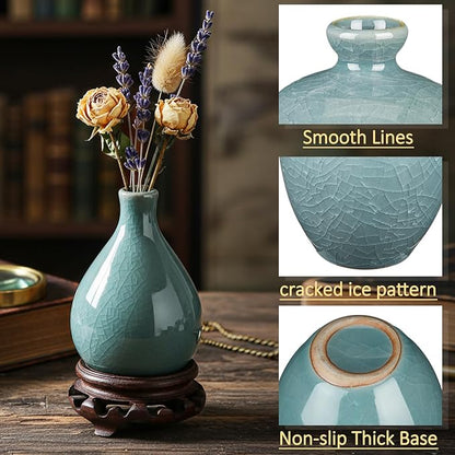 FoldTier 6 Pcs Green Mini Ceramic Bud Vase Vintage Flower Vases Ice Cracked for Farmhouse Rustic Boho Style Table Shelves Home Office Decor Gifts(Classical,Green)