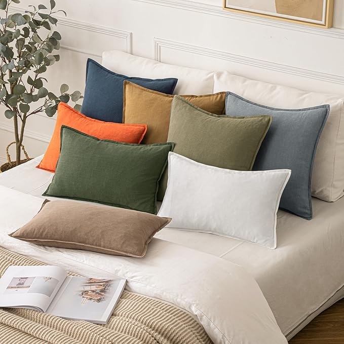 MIULEE Decorative Linen Lumbar Pillow Covers 12x20 Inch Dark Olive Green Boho Farmhouse Neutral Spring Couch Throw Pillows for Bed Pack of 2 Accent Modern Pillowcase Sofa Livingroom Home Decor